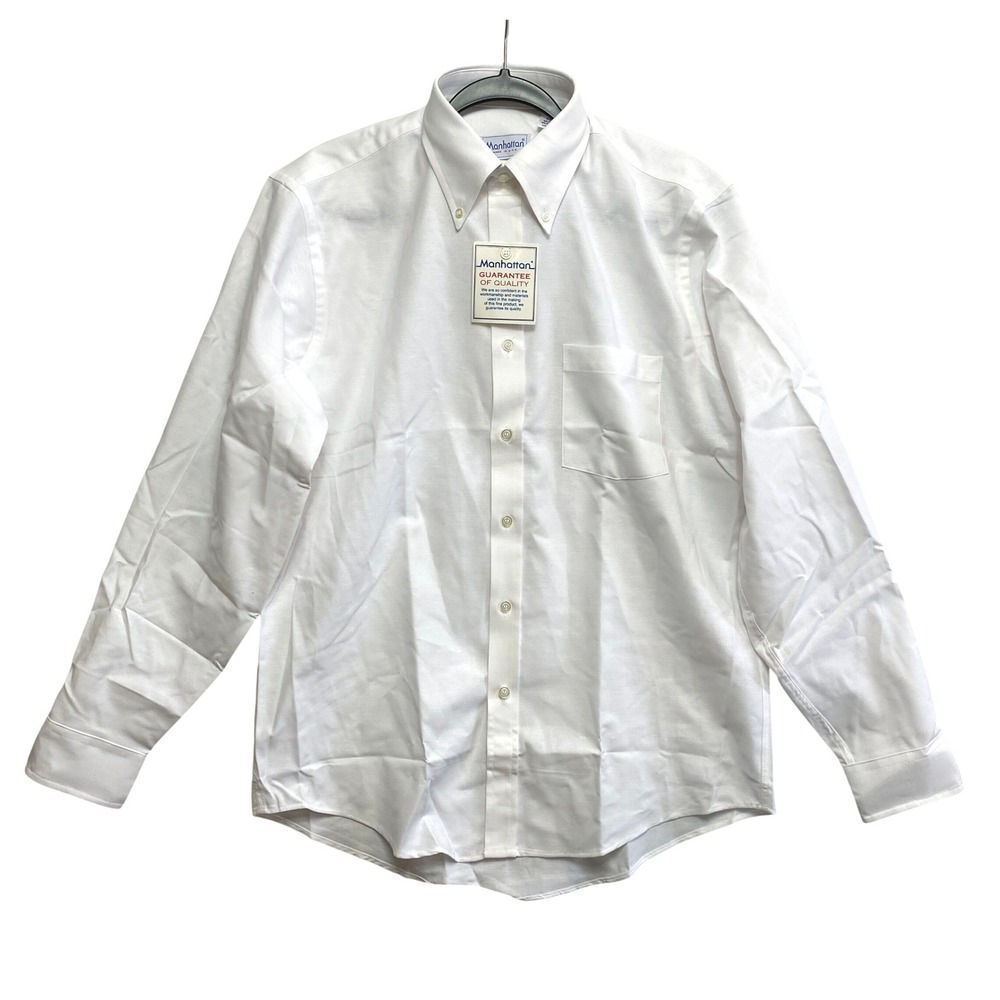 Manhattan Dress Shirt Mens 16 34-35 White Button Down Oxford Made in USA Vintage